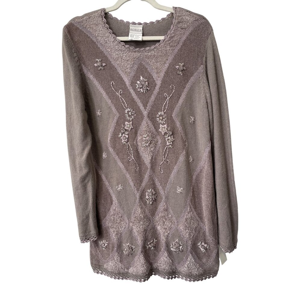 Vintage 90s Koret Tunic Sweater Sz Medium Beaded Floral Embroidery Deadstock NEW